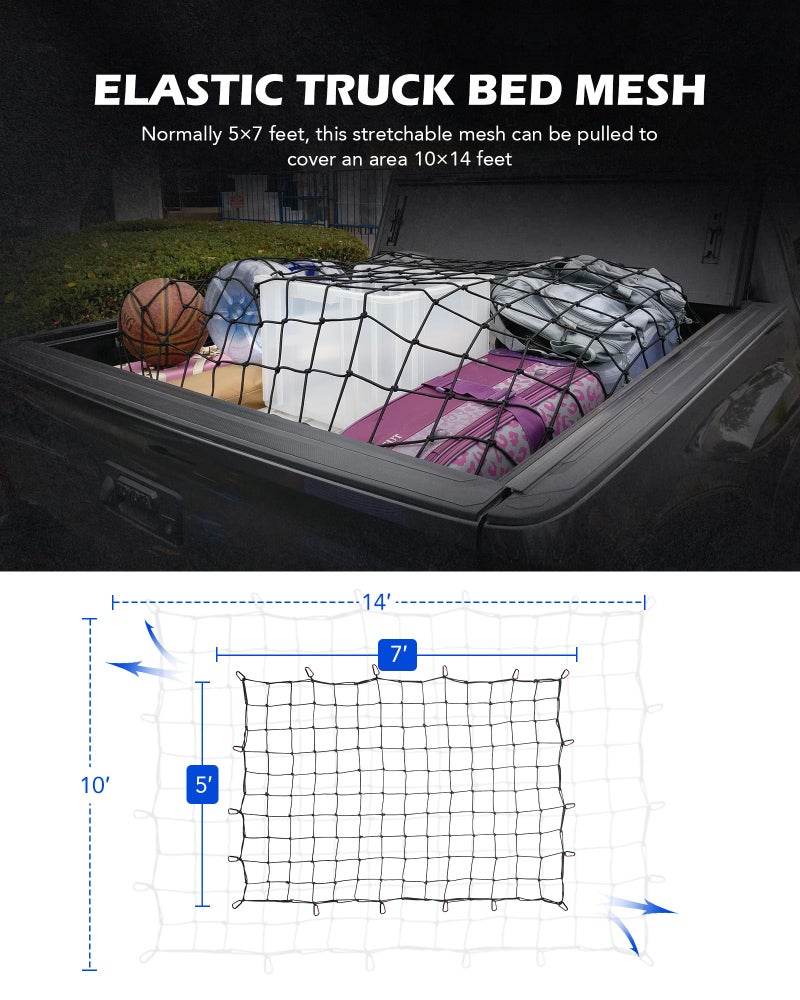 Orion Motor Tech 5'x7' Heavy Duty Cargo Net Stretches to 10'x14' for Pickups SUVs Vans Semis, Bungee Cord Net for Truck Bed Roof Rack Trailer More with Handmade Knotting 18 Carabiners Storage Bag - Image 4